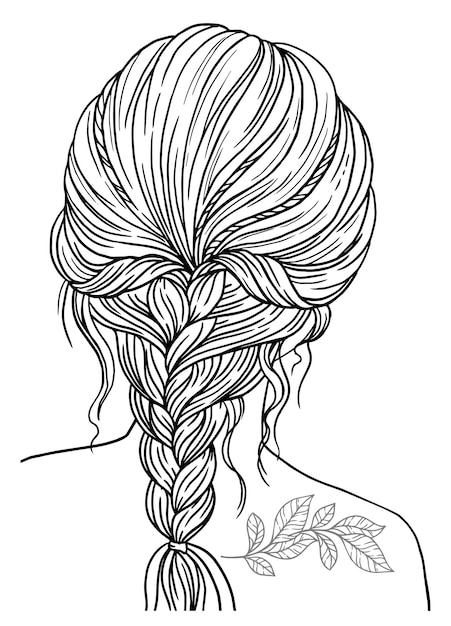 Premium vector coloring book for adults girl with braided hairstyle vector black contour image on a white background