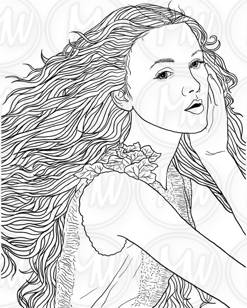 Adult coloring page woman face long hair illustration beautiful printable digital stamp black and white instant download download now
