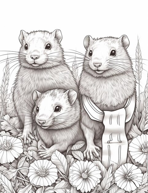 Premium ai image coloring page of two hamsters in a garden with flowers generative ai