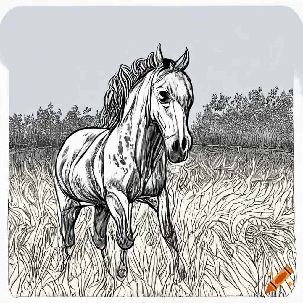 Coloring page for kids realistic horse on the savanna cartoons style thick lines low detail no shading