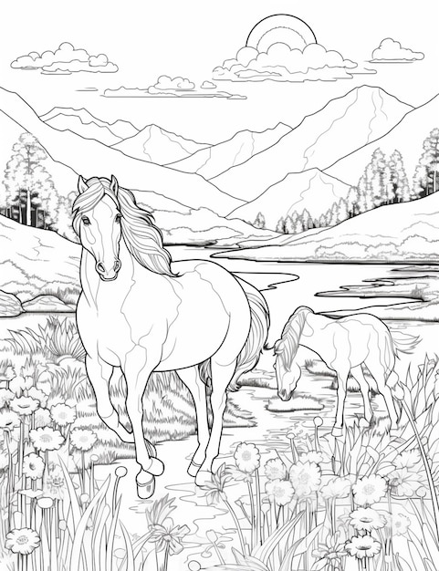 Premium ai image coloring pages horses horses coloring pages for adults generative ai
