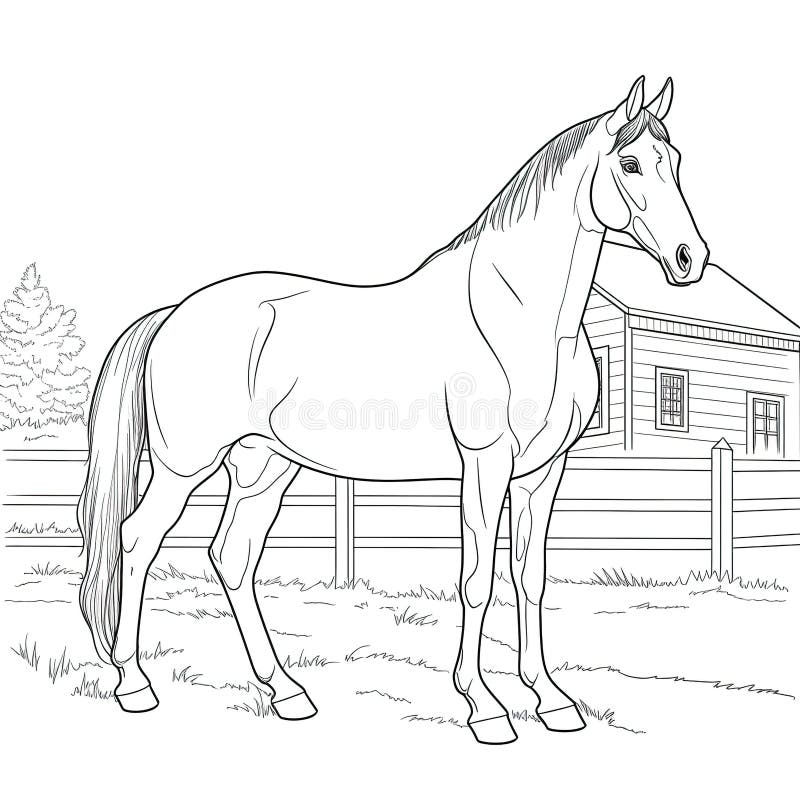 Kids coloring page of a horse in the farm that is blank and downloadable for them to plete stock illustration