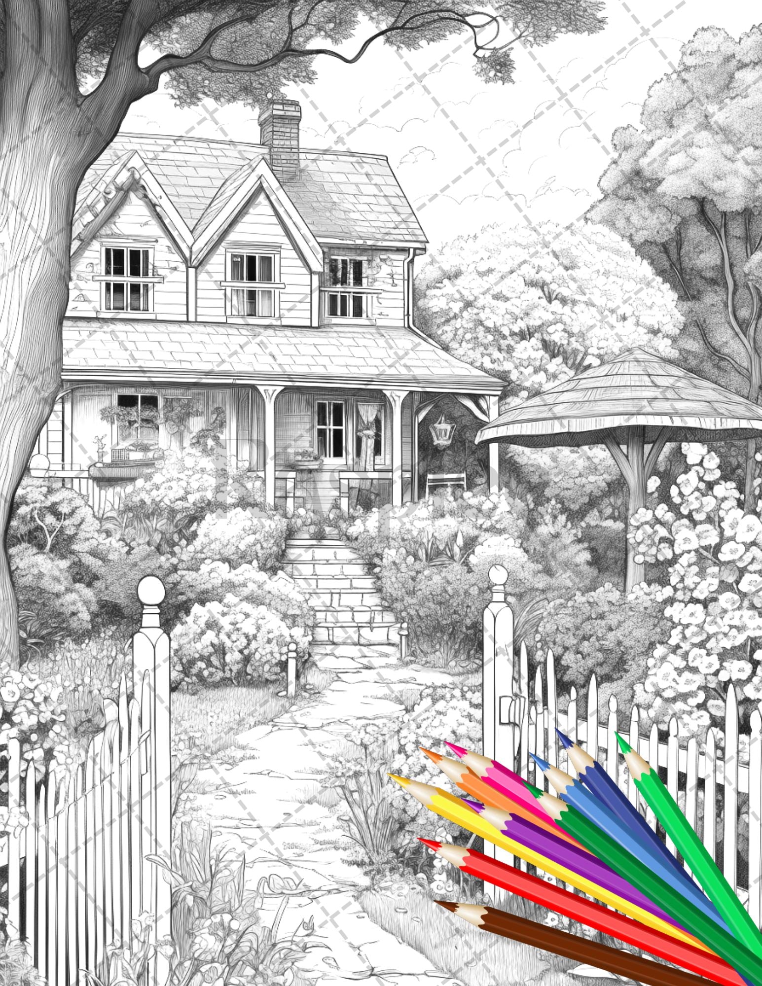 Printable cottage house garden coloring pages for adults grayscale â coloring