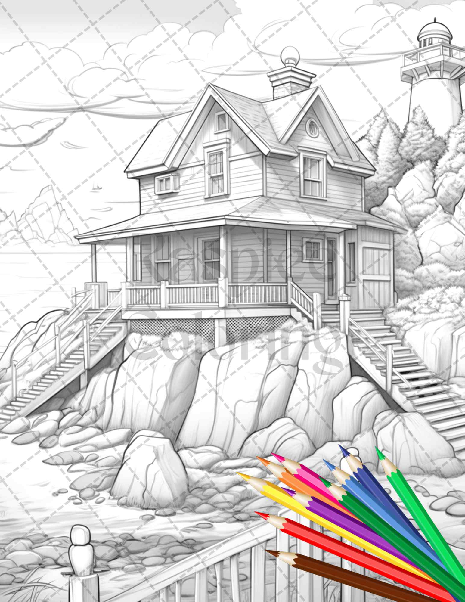 Wooden beach houses grayscale coloring pages printable for adults â coloring