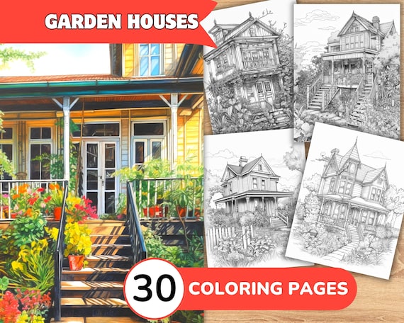 Garden house coloring page book backyard home grayscale coloring book coloring template grayscale realistic house coloring page