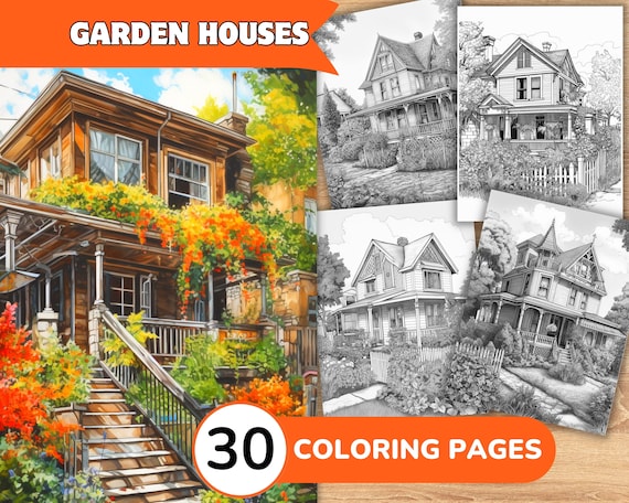 Garden house coloring page book backyard home grayscale