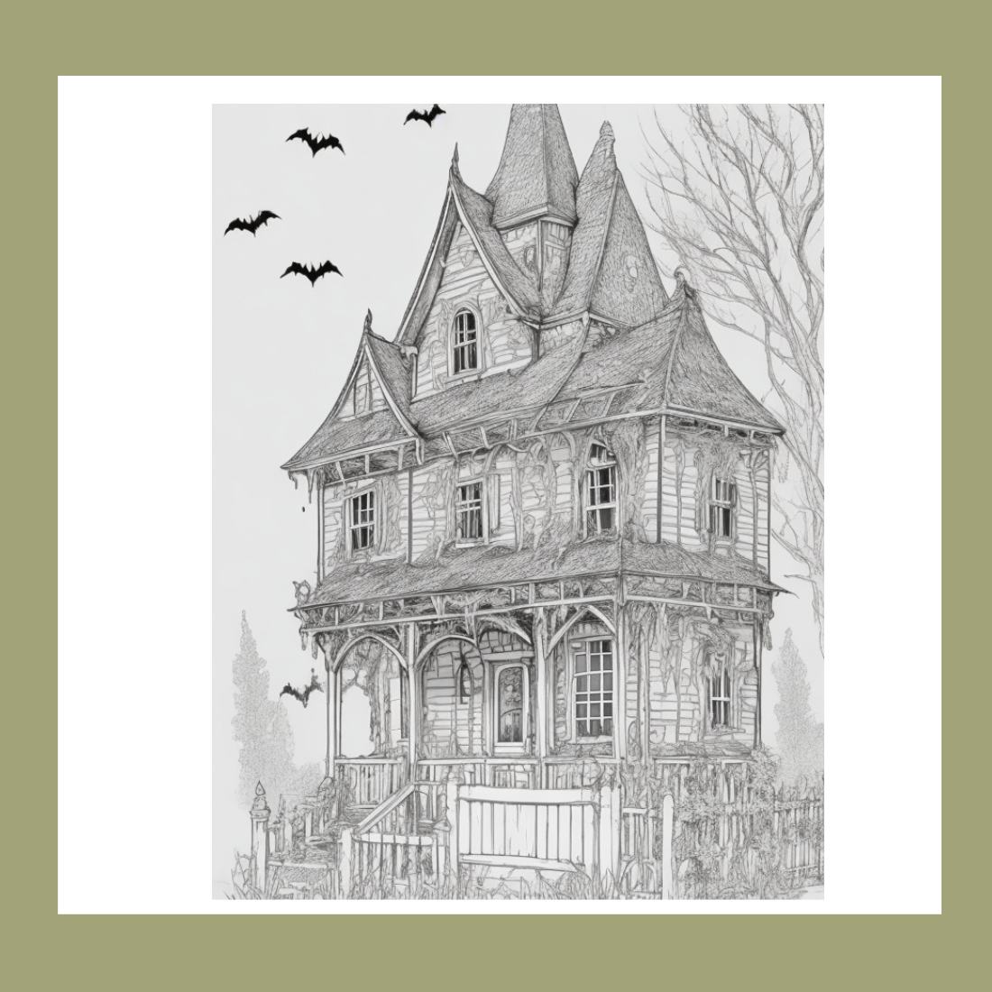 A haunted house with ghosts and cobwebs coloring page for adult