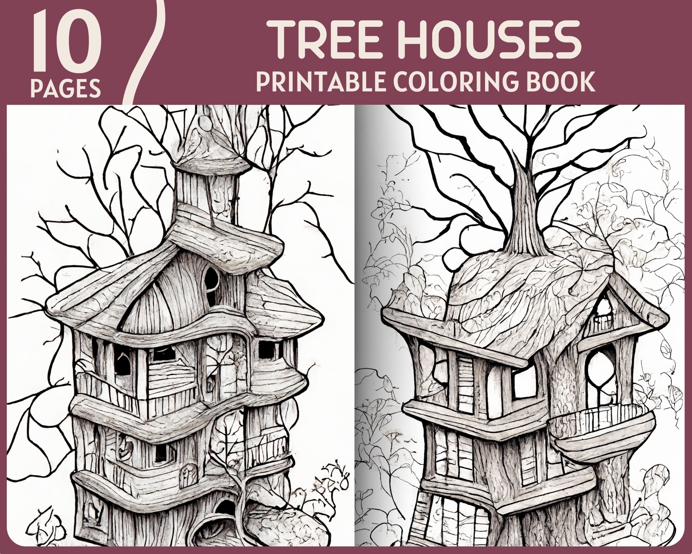 Tree houses coloring pages realistic tree nature fantasy life wooden house printable coloring book wood home scene coloring page