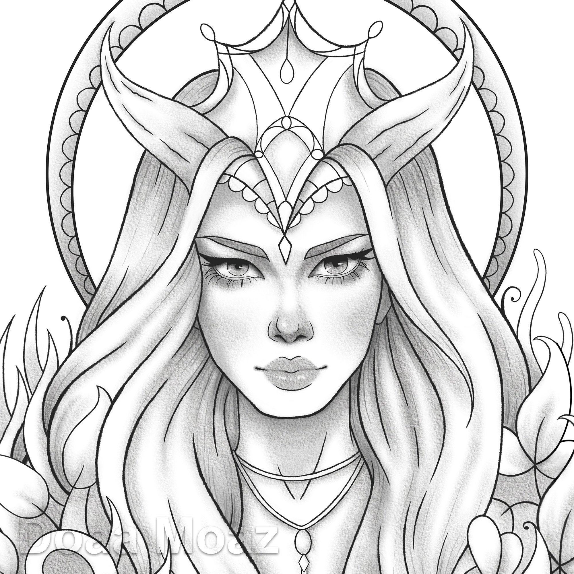 Printable coloring page fantasy girl portrait