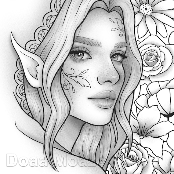 Printable coloring page fantasy floral girl portrait