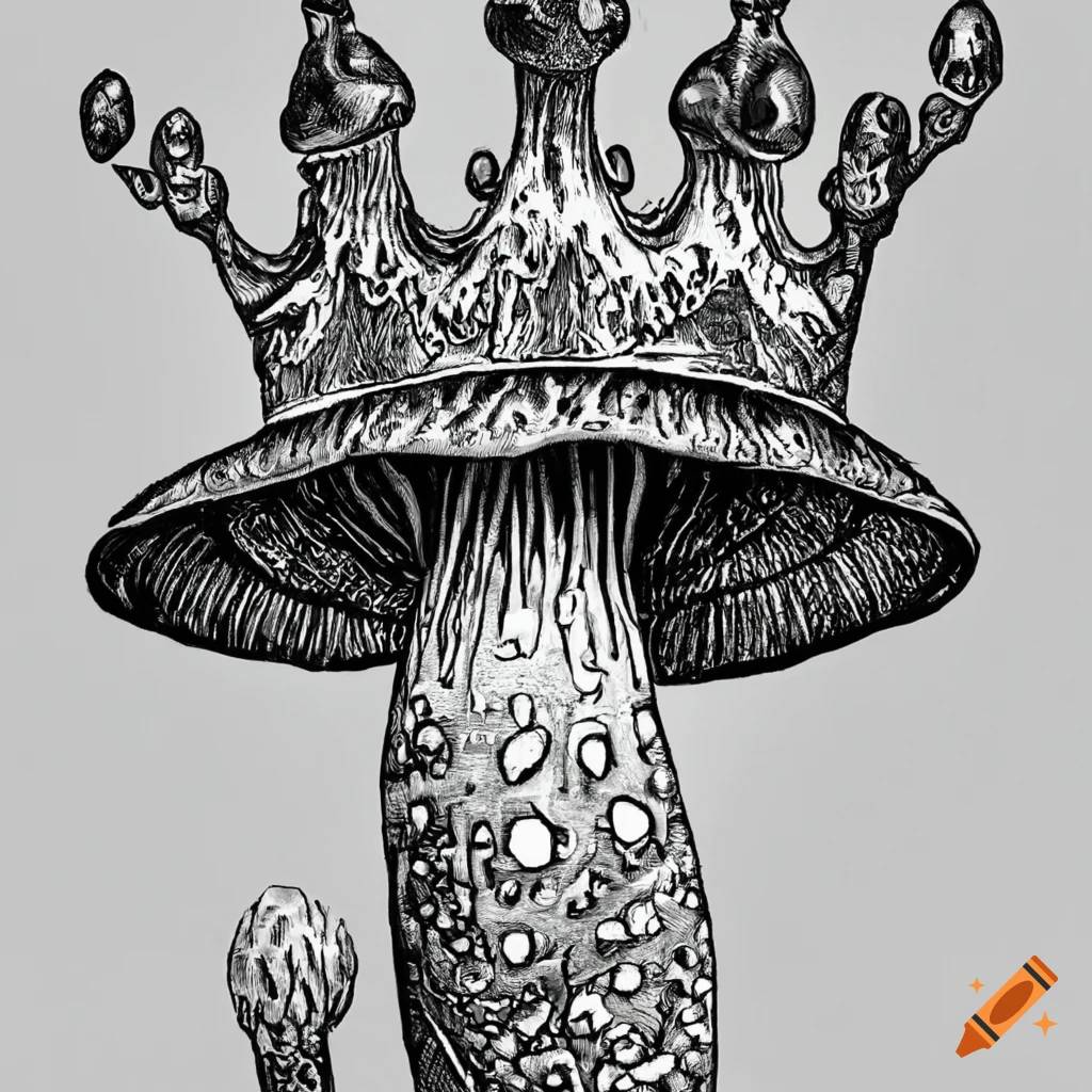 Black and white line drawing coloring page of mushroom realistic detailed