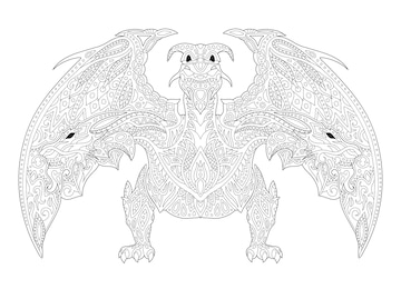 Premium vector beautiful monochrome linear vector illustration for fantasy coloring book page with three headed ornate dragon silhouette isolated on the white background