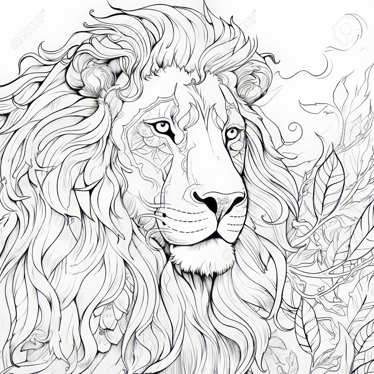 Adult coloring page featuring the king of woodlands inspired by the manticore this intricate design bines soft mist and realistic yet stylized elements the exotic theme is brought to life through flowing