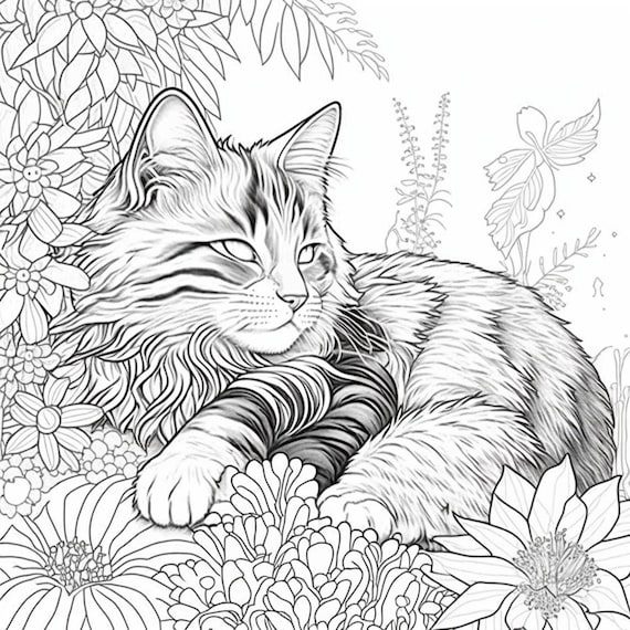 Printable sleeping kitten coloring pages for kids and adults digital download pdf