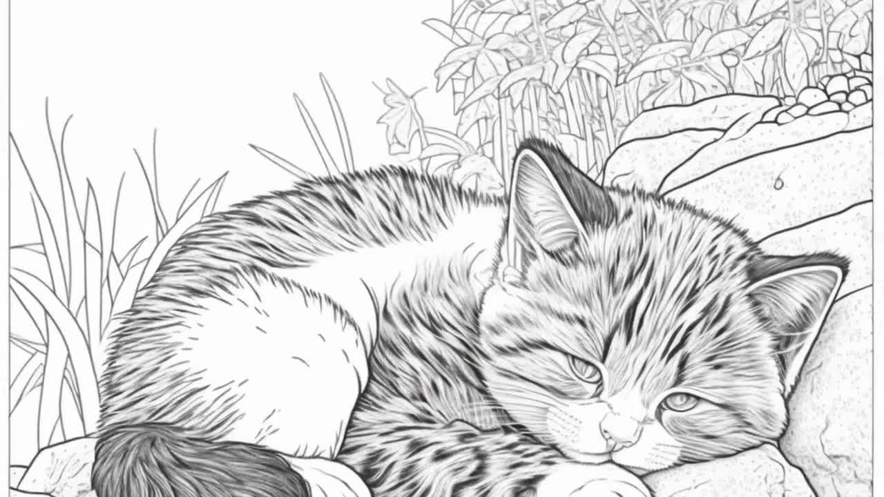 Printable sleeping kitten coloring pages for kids and adults digital download pdf