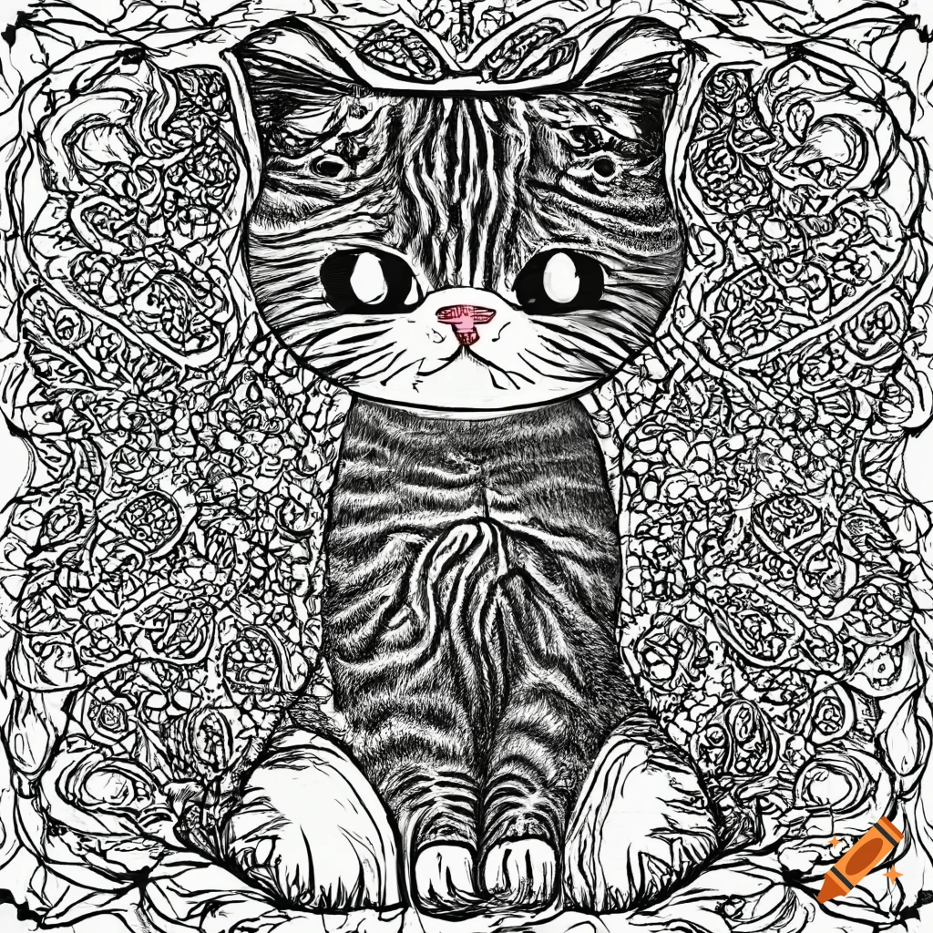 Cat kawaii style kitten fantasy magical mystical unusual black and white wavey lines realistic line art drawing coloring book page no noise crisp thick lines outline art centred image isolated on
