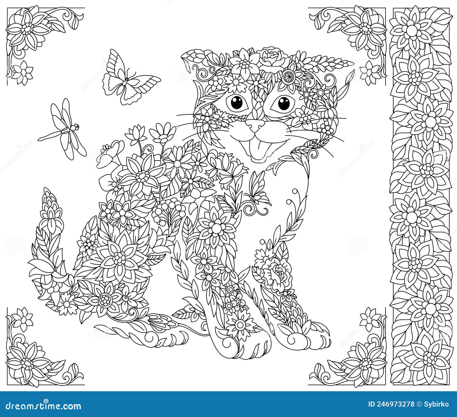 Floral kitten coloring book page stock vector