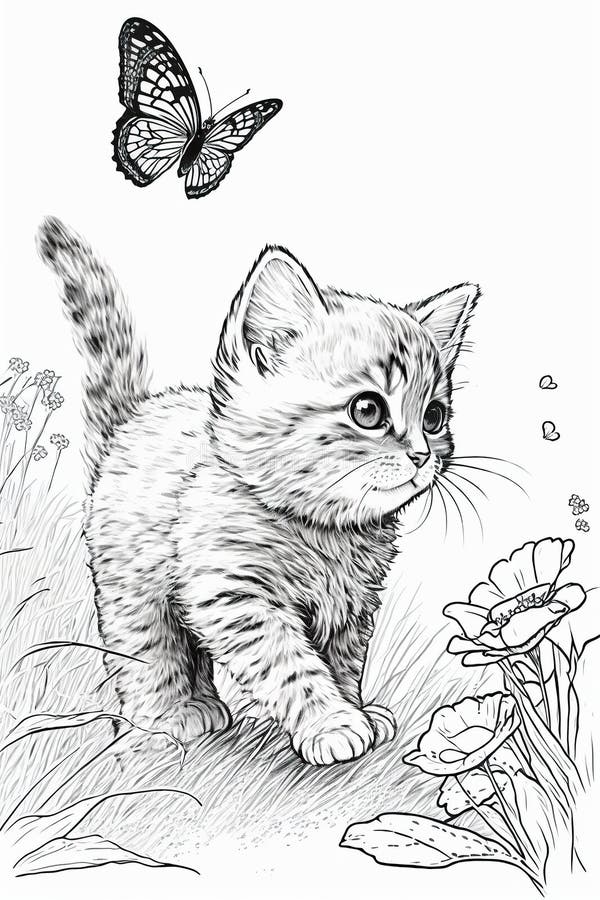 Curious kitten chasing a butterfly line art for coloring book crisp lines on white background ai generative stock image