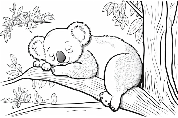 Premium photo kid friendly coloring page from an actual book koala bear dozing cartoon illustration in