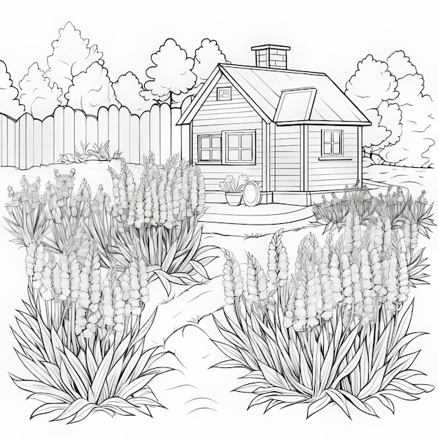 Premium ai image lavender garden coloring page realistic landscape with soft tonal colors