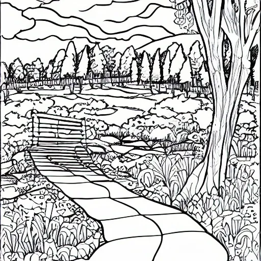 Large coloring page of a landscape grayscale cartoon realisti