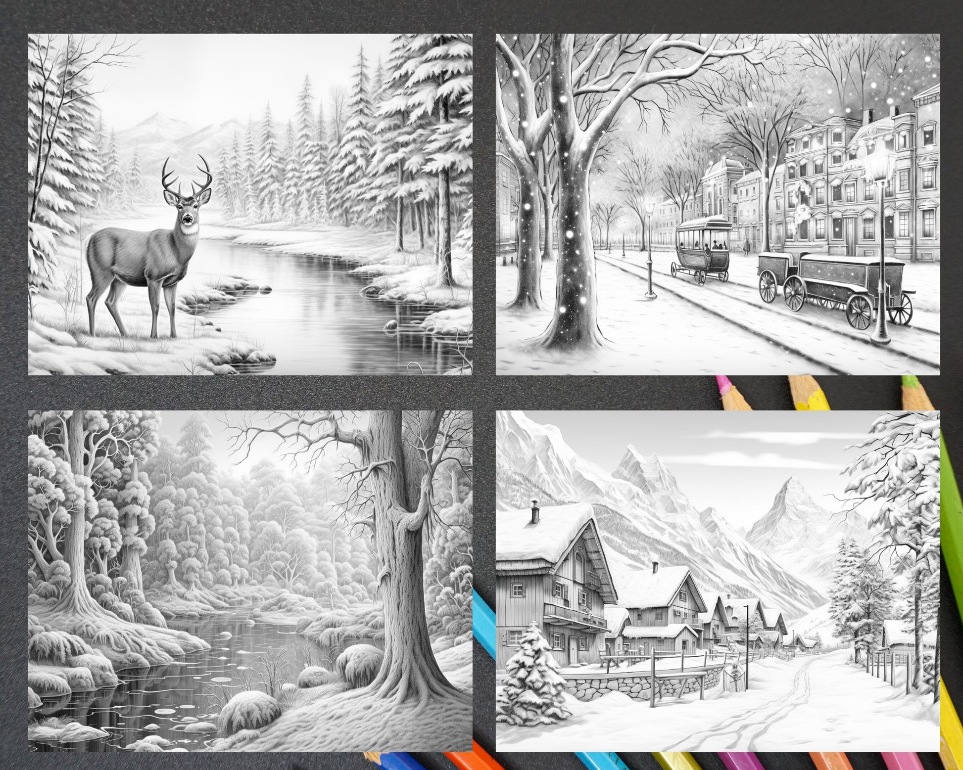 Enchanting winter landscapes grayscale coloring pages for adults i â coloring