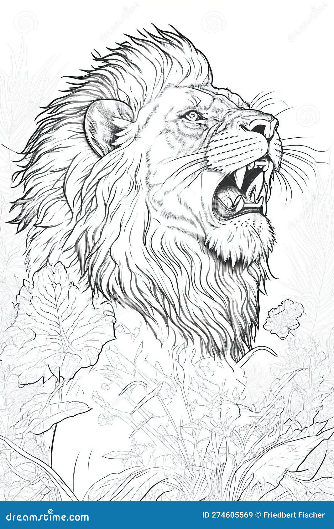 Fierce lion roaring in the jungle line art for coloring book white background ai generative stock image