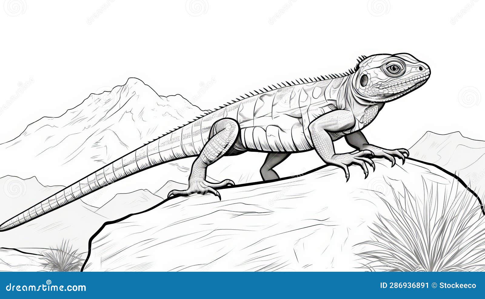 Hyperrealistic lizard and mountain coloring page stock illustration