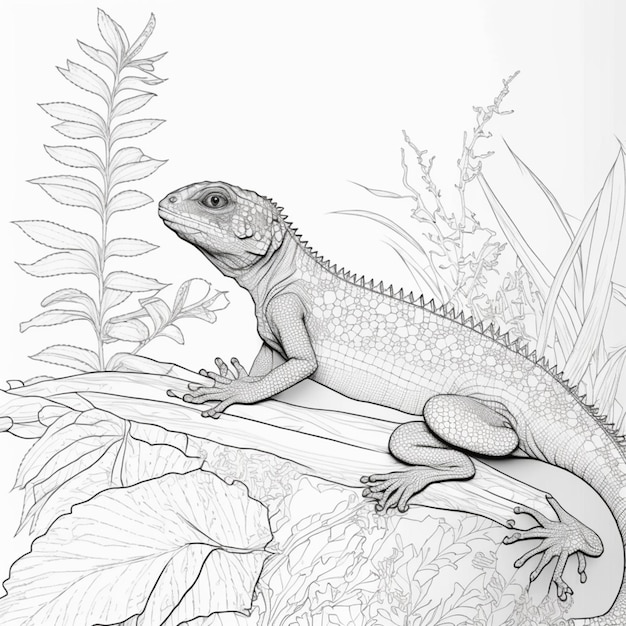 Premium ai image coloring pages of a lizard sitting on a branch with leaves generative ai