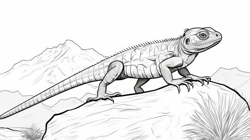 Hyperrealistic lizard and mountain coloring page stock illustration