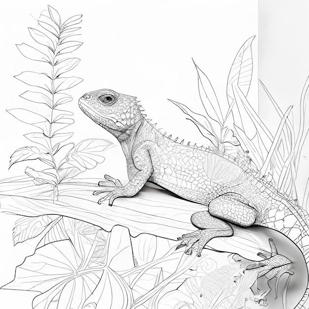 Premium ai image coloring pages of a lizard sitting on a branch with plants generative ai