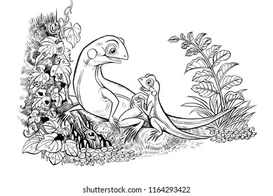 Little cute lizard motherhand drawn coloring stock illustration