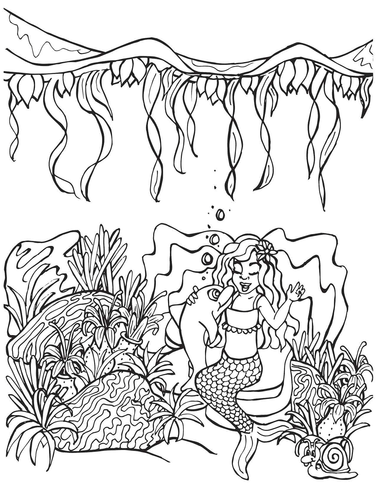 Mermaid singing with dolphin under the sea surface coloring page â mermaid coloring pages