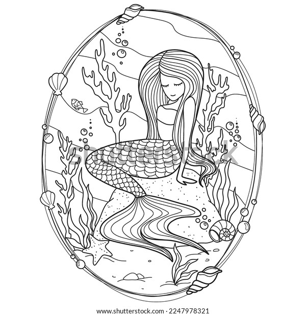 Mermaid coloring page underwater world coloring stock vector royalty free