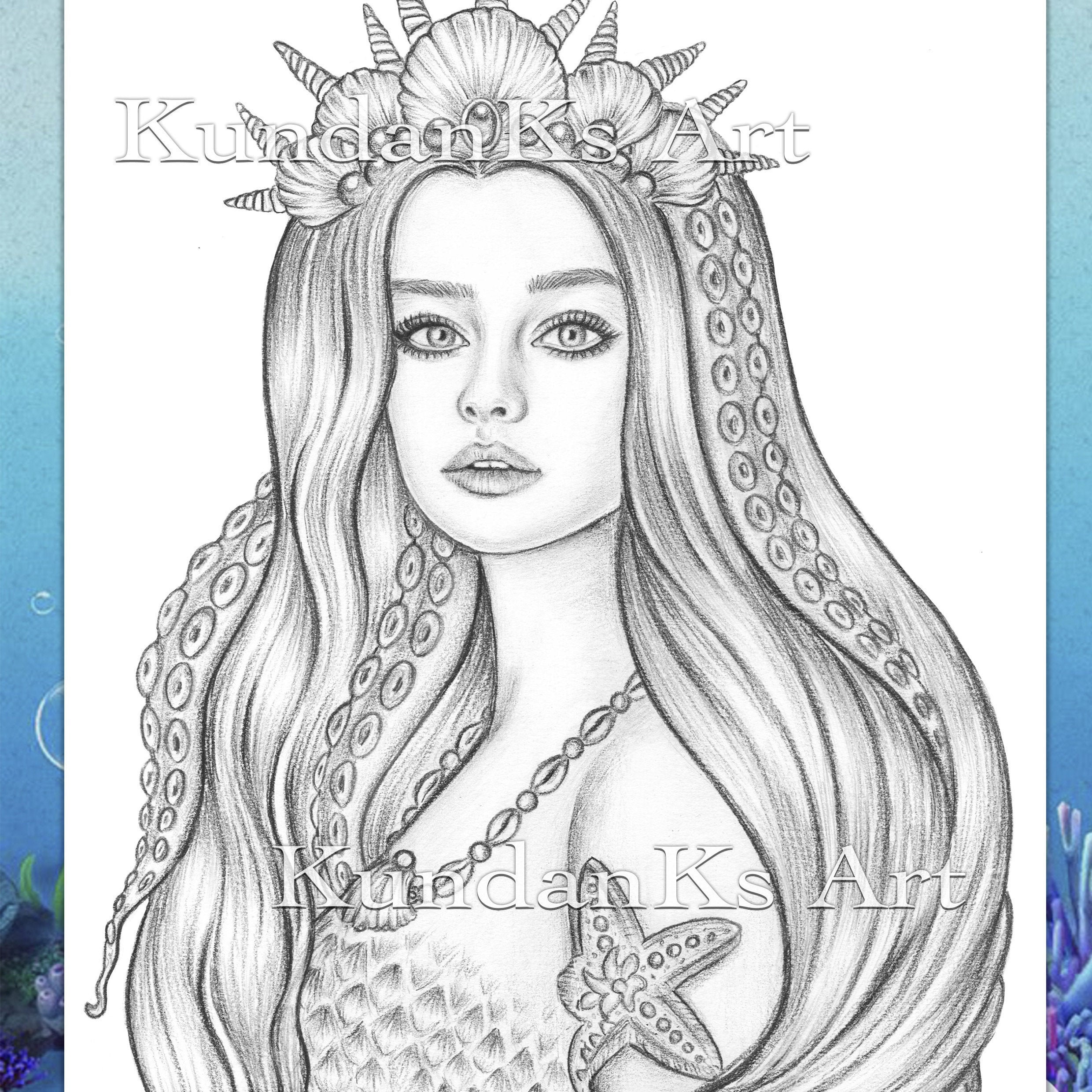 Mermay sea goddess mermaid coloring page adult coloring page portrait coloring grayscale coloring instant download aa printable instant download