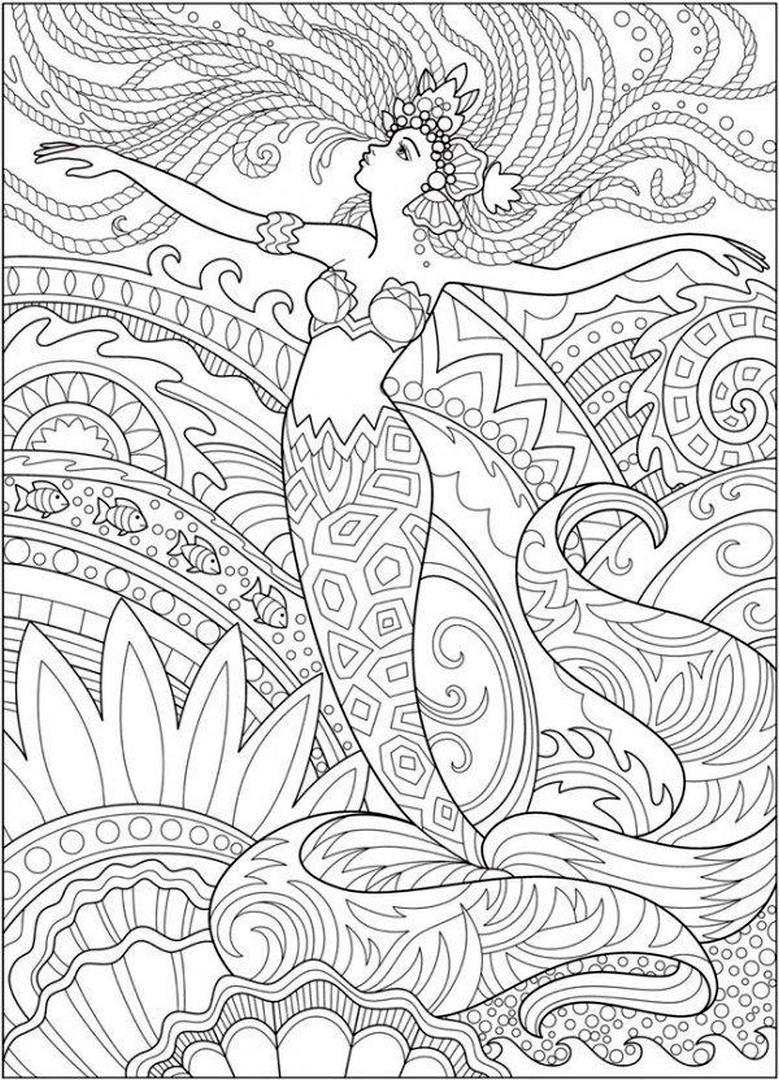 Free printable mermaid adult coloring pages