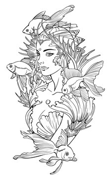 Illustration of mermaid princess with goldfishes and seashell elements black and white anti