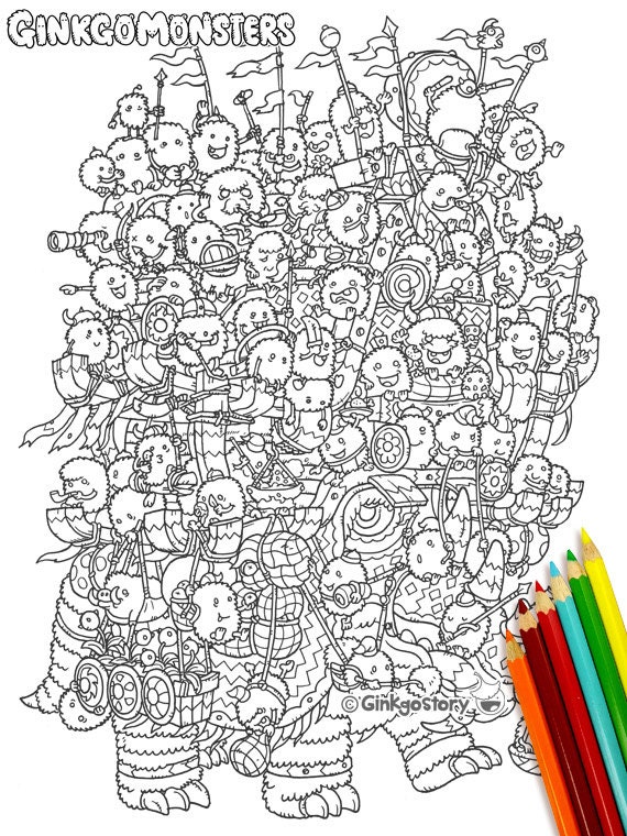 Caravan monsters coloring pages diy digital printable colouring pages ginkgo monsters series adult coloring pages