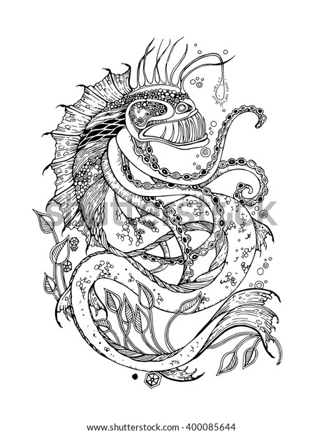 Adult coloring page sea monster vector stock vector royalty free