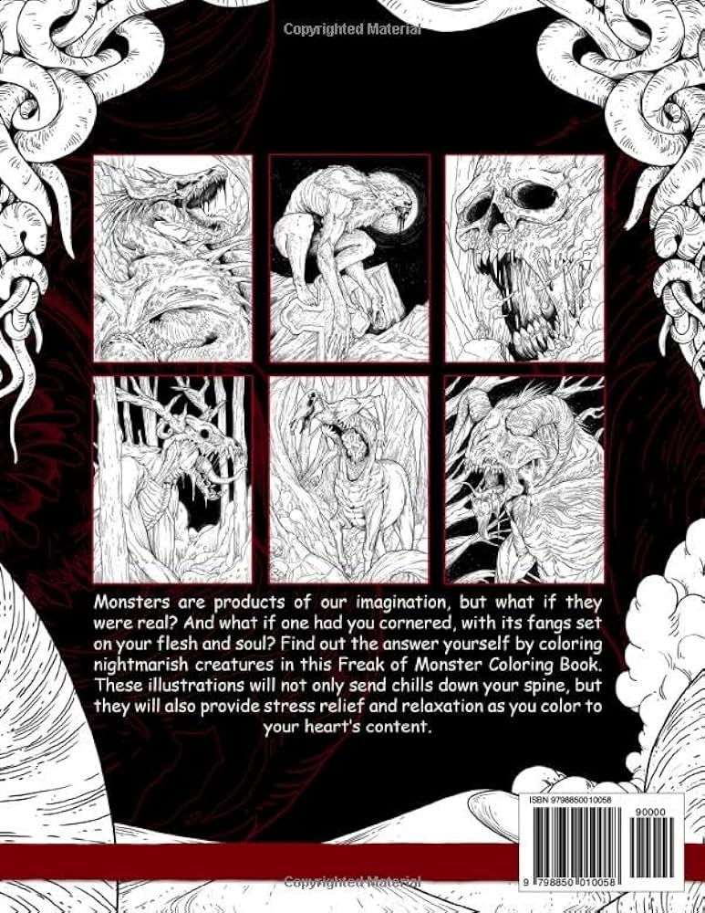 Freak of monster horror coloring book for adults features creepy gory haunting illustrations