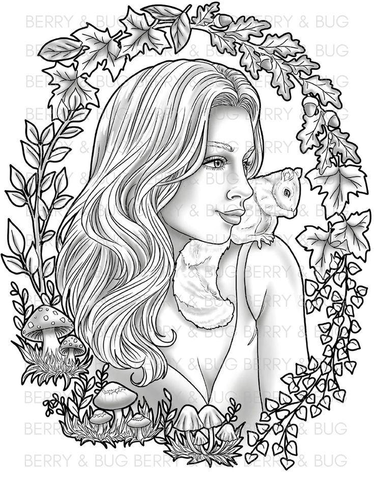 Wildwood squirrel coloring page printable adult coloring page pdf portrait woman animal nature forest realistic detailed