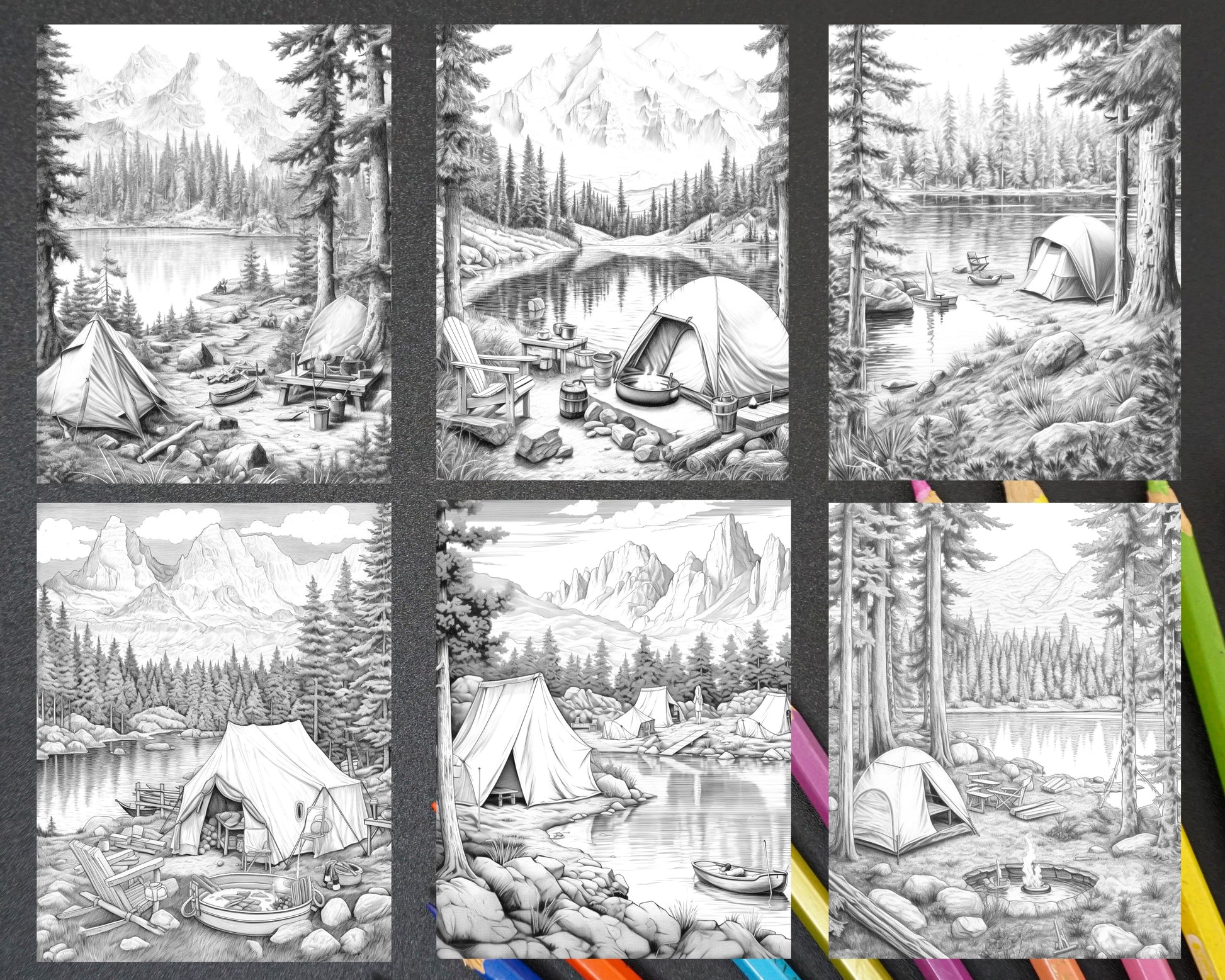 Nature camping grayscale coloring pages printable relaxing outdoor sc â coloring