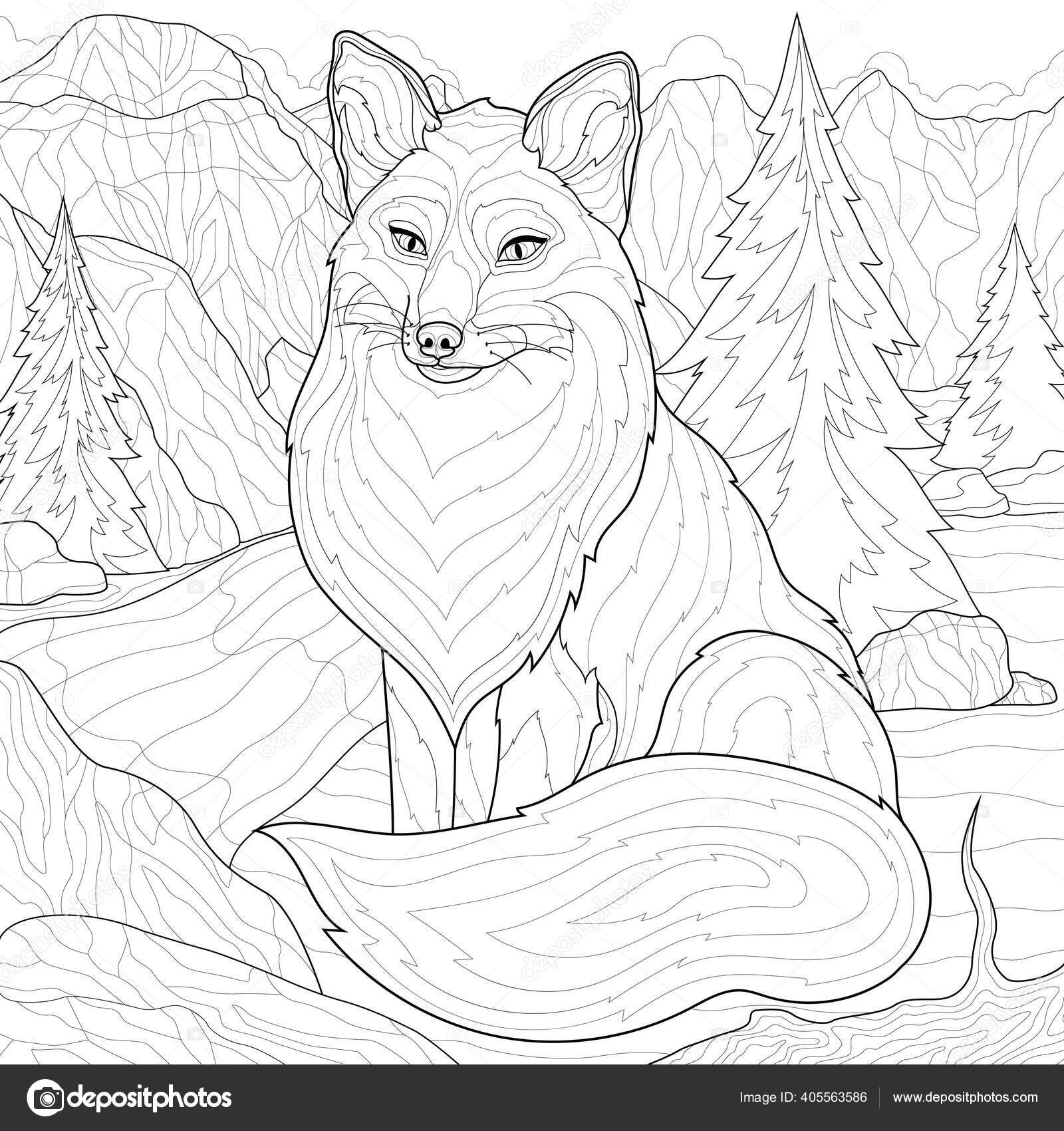 Fox nature mountains river spruce coloring book antistress children adults stock vector by vlasenkoekaterinkagmail