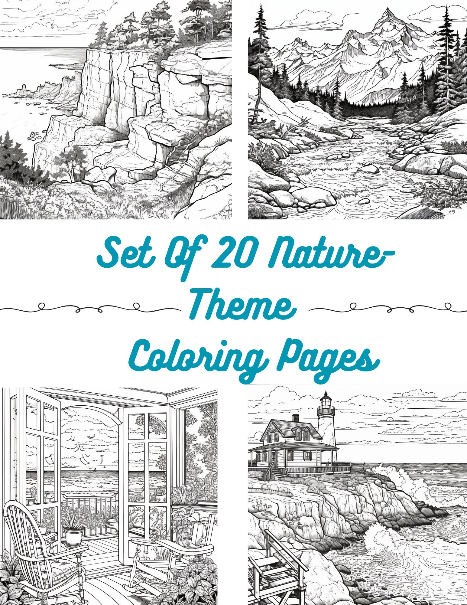 Printable coloring pages nature themes coloring book adult coloring book children coloring book relaxing coloring pages page bundle