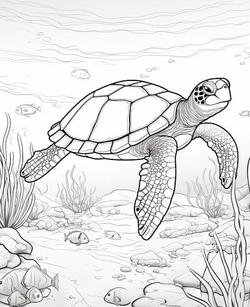 Premium ai image coloring pages of sea turtles and fish in the ocean generative ai