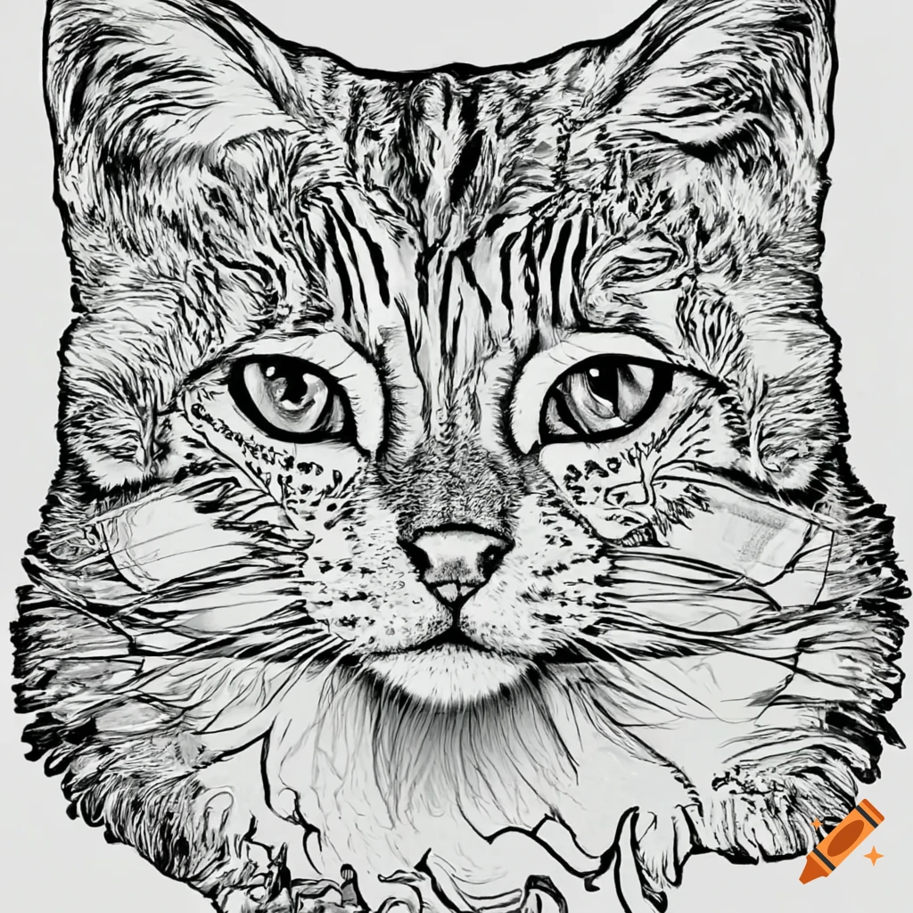 Line art of a realistic cat for a coloring book on