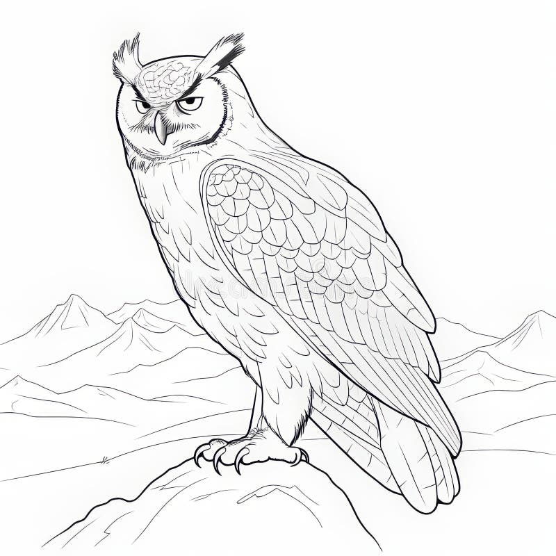 Realistic owl coloring page with mountain background stock illustration