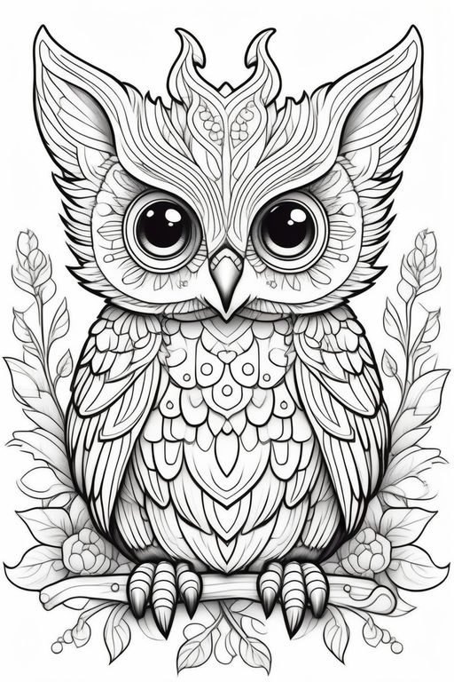 Single realistic black and white line art coloring book page owl