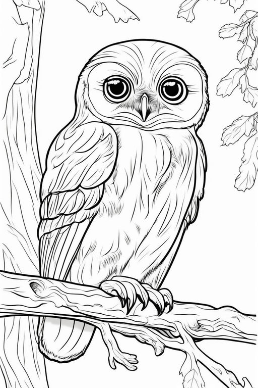 Single realistic black and white line art coloring book page owl