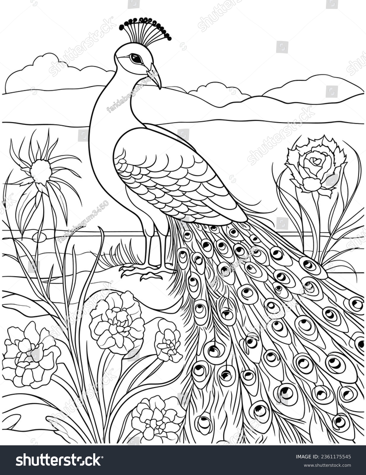 Realistic peacock coloring page line art stock vector royalty free